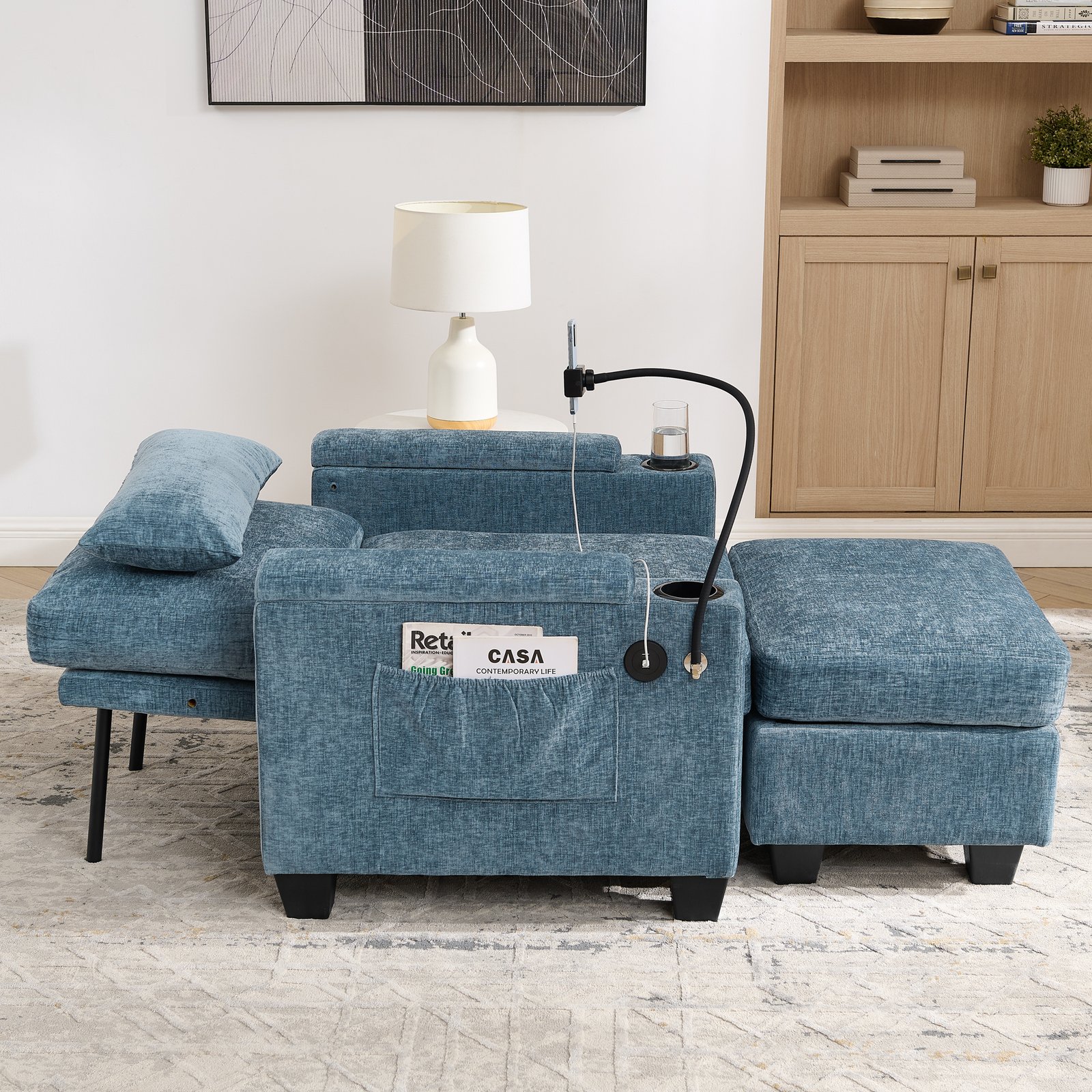 Single Sofa Recliner With Manually Adjustable Backrest, USB Charging Port On The Armrest Side, Phone Stand Included, Hidden Armrest Storage, And A Matching Storage Ottoman-Blue - Image 2