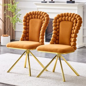 Set Of 2 Orange Puffy Bubble Chair Ball Chain Chair Velvet Dining Chairs With Gold Legs, Modern Upholstered Accent Chairs For Dining Room & Kitchen