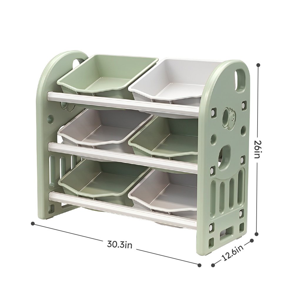 Kids Toy Storage Organizer With 6 Bins, Multi-functional Nursery Organizer Kids Furniture Set Toy Storage Cabinet Unit With HDPE Shelf And Bins For Playroom, Bedroom, Living Room Green Color - Image 5