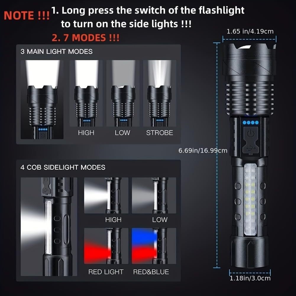 LED Super Powerful Rechargeable Torch Flood Light,Focus Adjustable Water Resistant Handheld Light For Outdoor Camping, Fishing, Hunting, Climbing, Adventure Emergency - Image 2