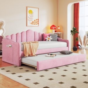 Twin Size Upholstered Daybed With Trundle ,Velvet Sofabed With USB Charging Ports,No Box-spring Needed,