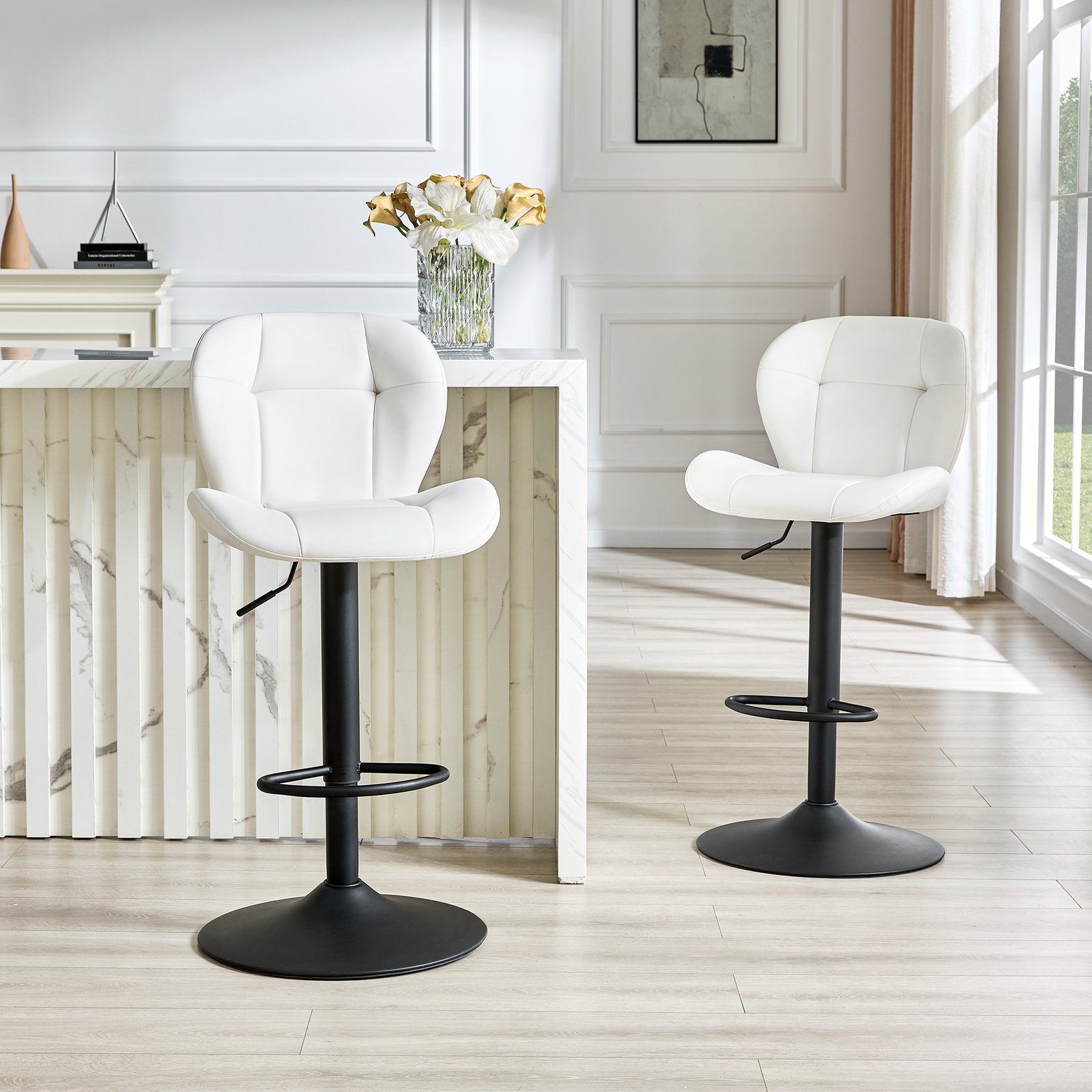 Set Of 2 Height Adjustable Bar Stools, White PU Upholstered Tufted Back Chairs With Black Metal Base & Footrest For Kitchen Island, Bar, Pub - Image 5