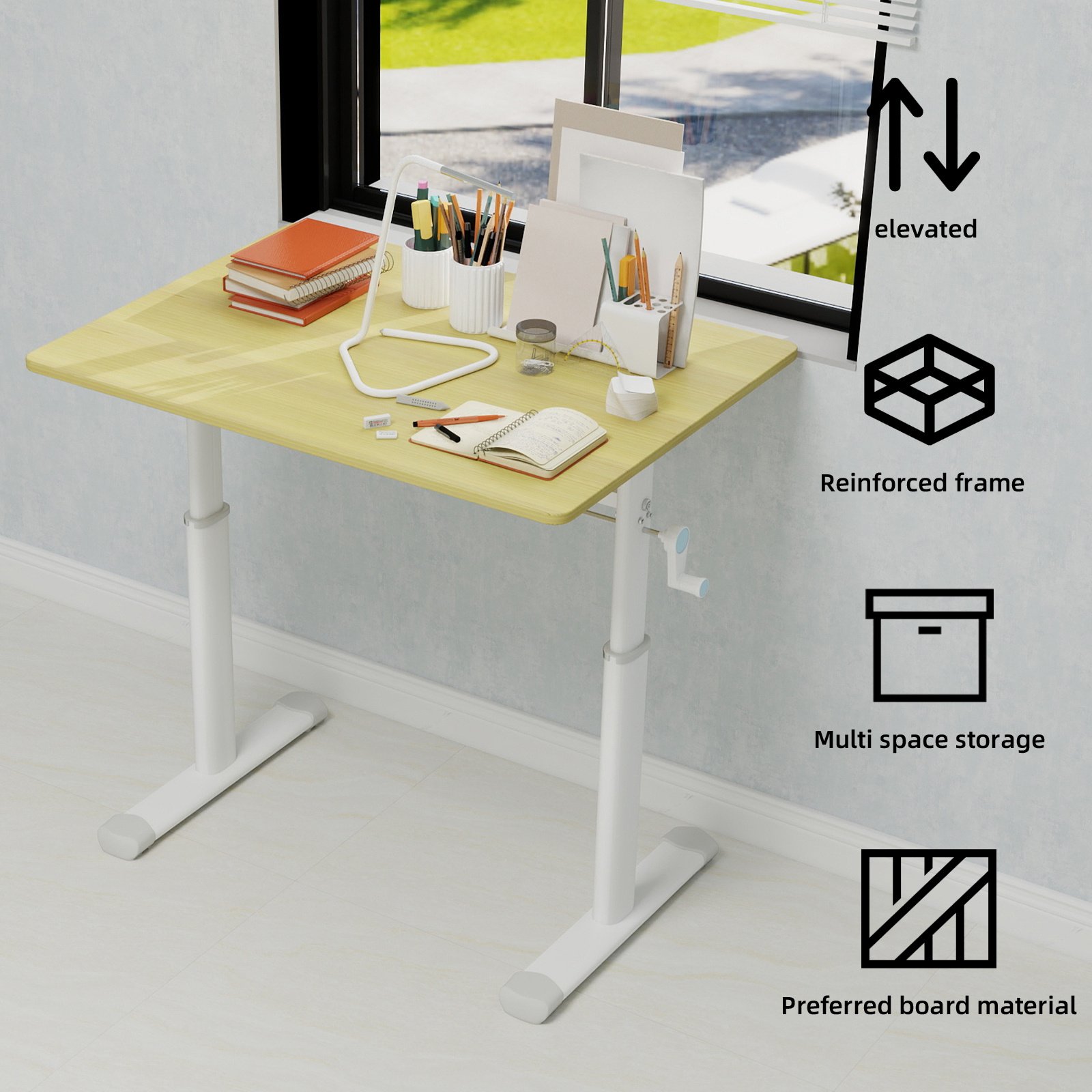 Adjustable Study Desk Suitable For Children And Adults, Height-adjustable, Multifunctional Home Office Desk, Compact Design, Desktop Dimensions 60cm X 80cm, White Frame With Natural Wood-colored Tabl - Image 2