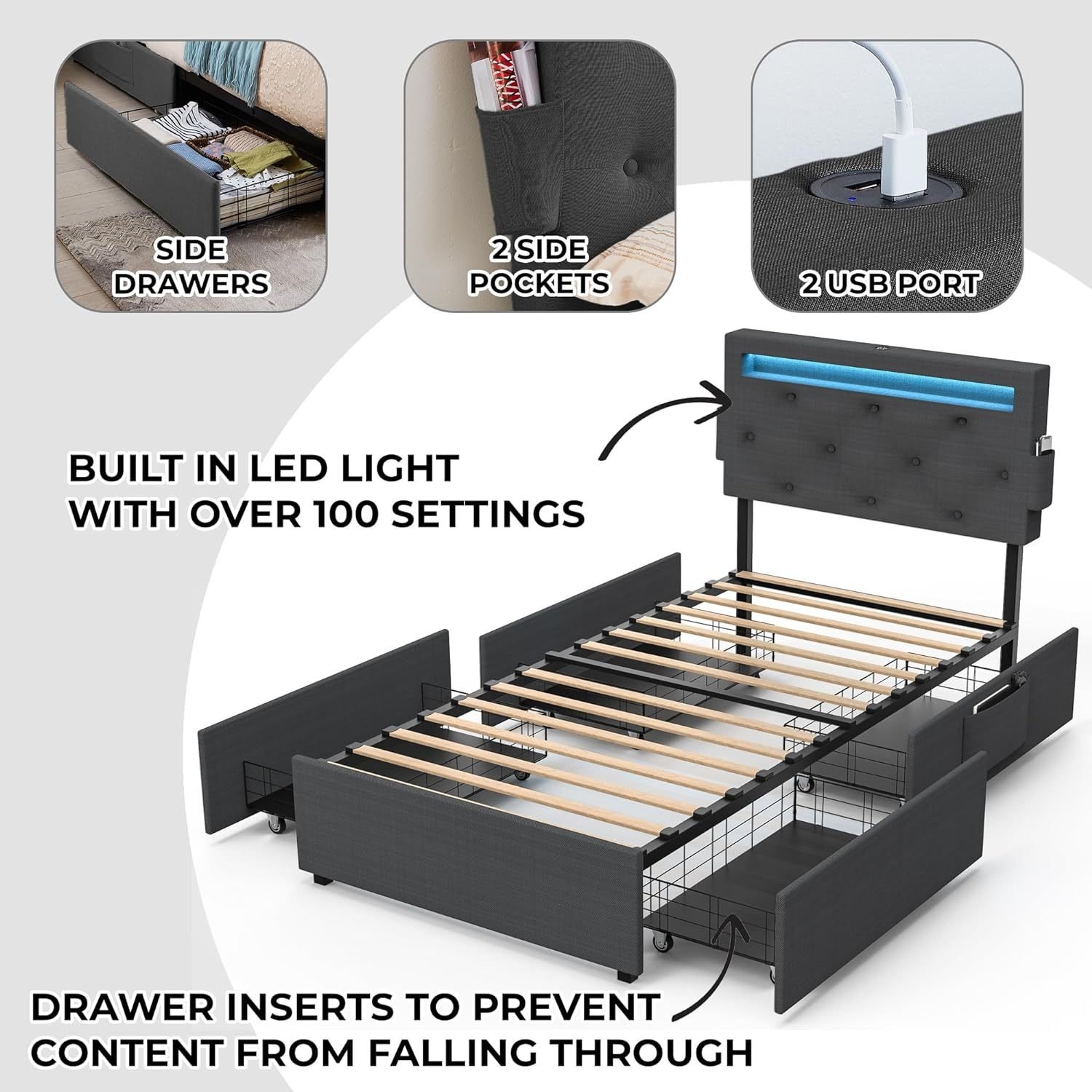 Twin Bed Frame With USB Charging Station & LED Lights, Twin Bed Frame With Headboard & 4 Storage Drawers, D - Image 5