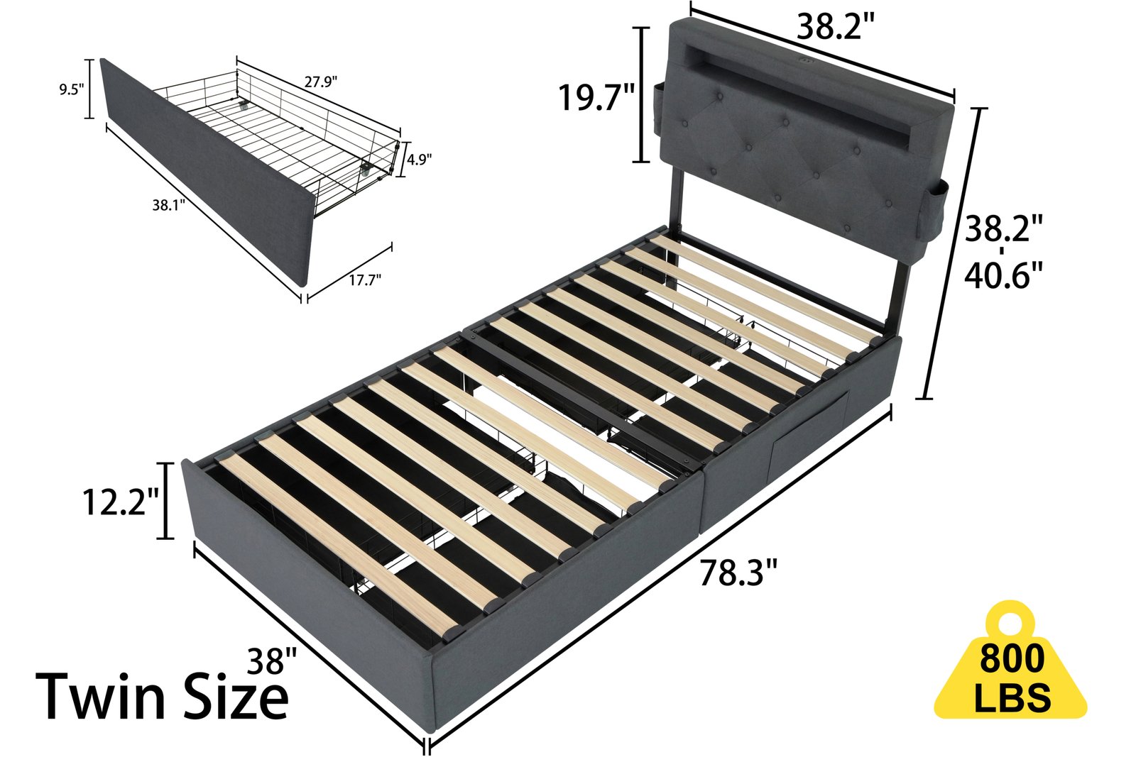Twin Bed Frame With USB Charging Station & LED Lights, Twin Bed Frame With Headboard & 4 Storage Drawers, D - Image 3