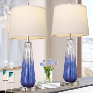 Table Lamps Set Of 2 With Touch Control, 3-Way Dimmable Modern Glass Bedside Lamps With USB A C Ports, Nightstand Lamp With White Fabric Shade, 27.5  Large Lamps For Living Room Bedrooms Decorations