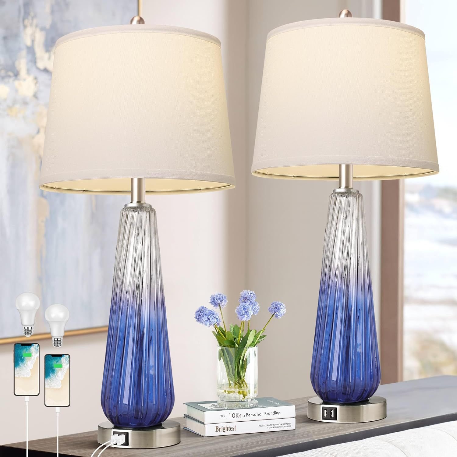 Table Lamps Set Of 2 With Touch Control, 3-Way Dimmable Modern Glass Bedside Lamps With USB A C Ports, Nightstand Lamp With White Fabric Shade, 27.5 Large Lamps For Living Room Bedrooms Decorations