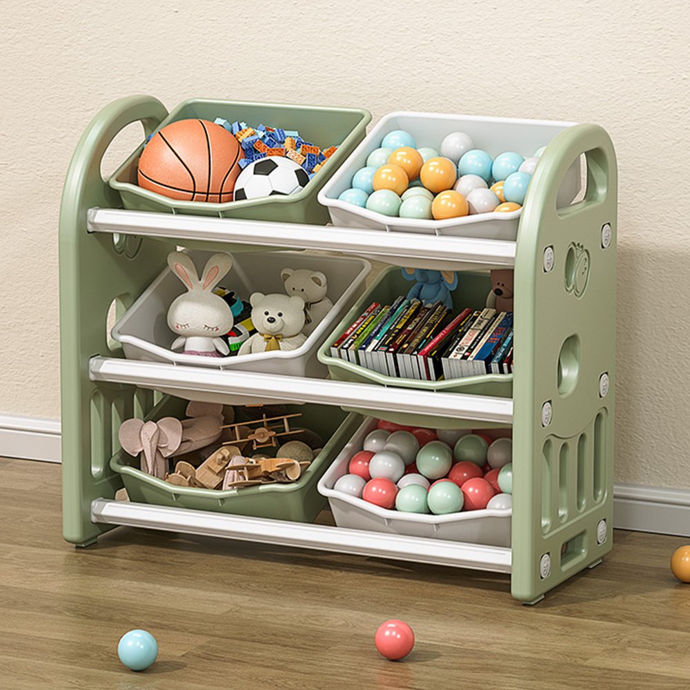 Kids Toy Storage Organizer With 6 Bins, Multi-functional Nursery Organizer Kids Furniture Set Toy Storage Cabinet Unit With HDPE Shelf And Bins For Playroom, Bedroom, Living Room Green Color