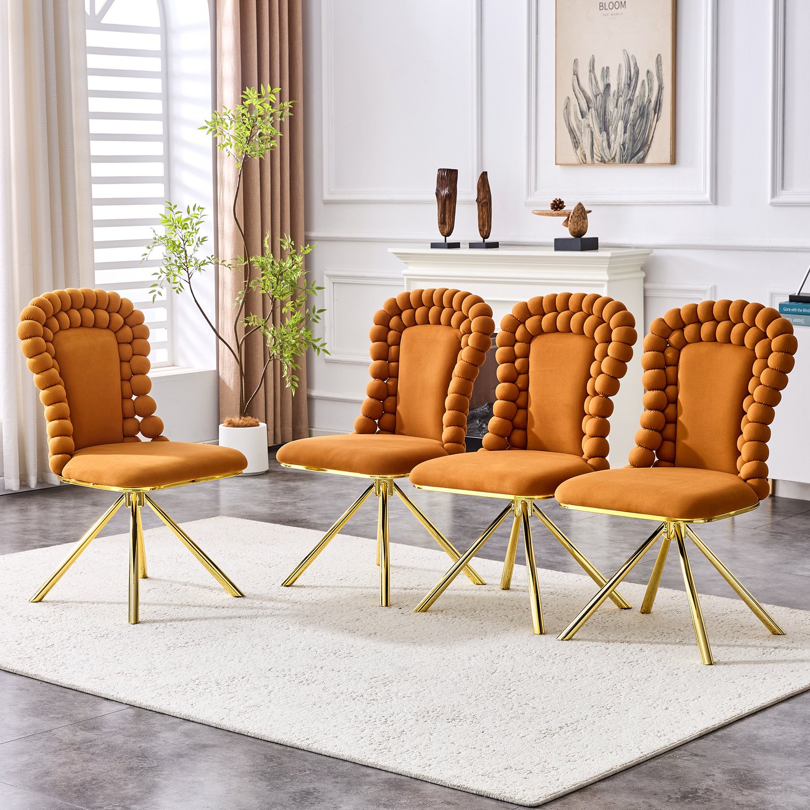 Set Of 2 Orange Puffy Bubble Chair Ball Chain Chair Velvet Dining Chairs With Gold Legs, Modern Upholstered Accent Chairs For Dining Room & Kitchen - Image 4