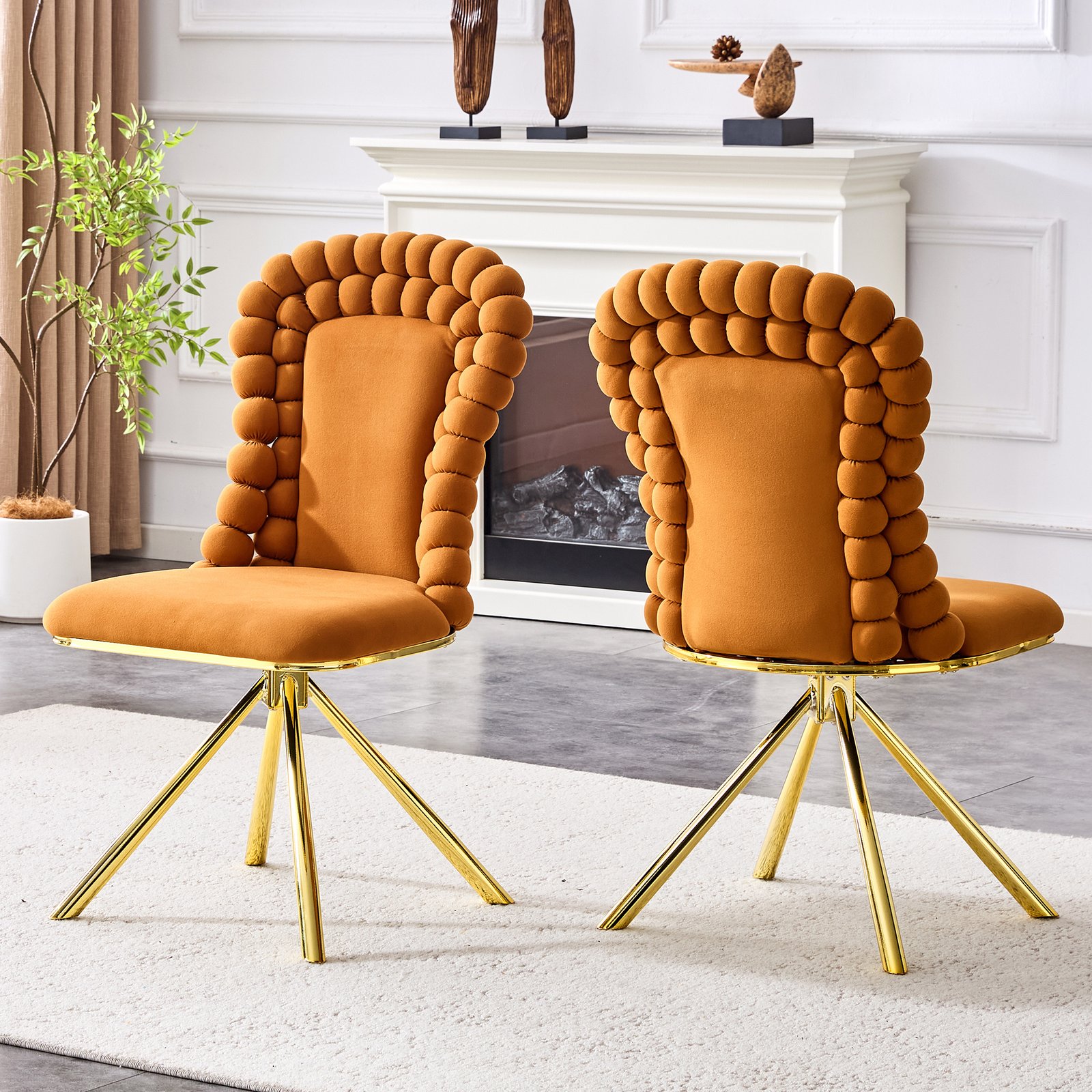 Set Of 2 Orange Puffy Bubble Chair Ball Chain Chair Velvet Dining Chairs With Gold Legs, Modern Upholstered Accent Chairs For Dining Room & Kitchen - Image 3
