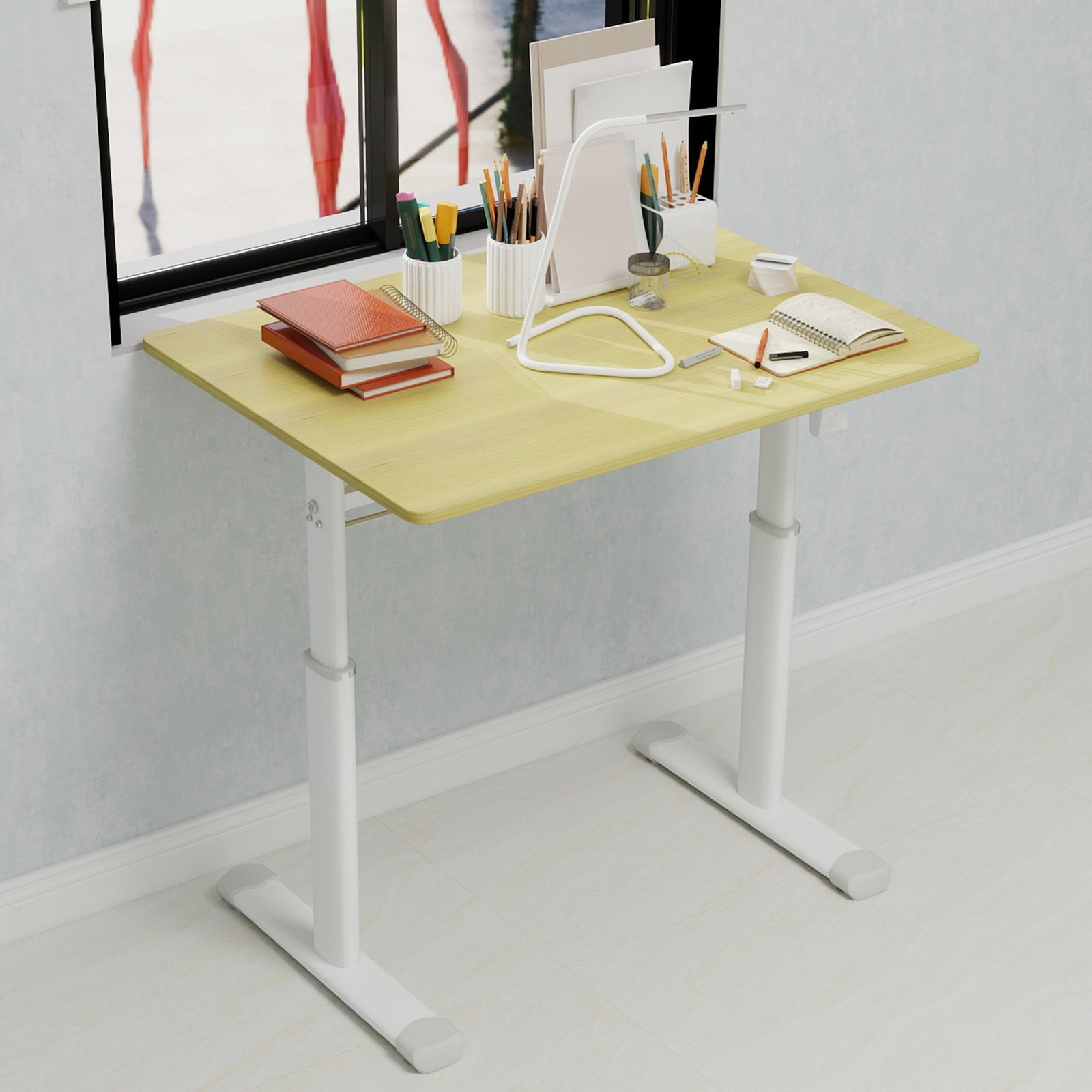 Adjustable Study Desk Suitable For Children And Adults, Height-adjustable, Multifunctional Home Office Desk, Compact Design, Desktop Dimensions 60cm X 80cm, White Frame With Natural Wood-colored Tabl - Image 3