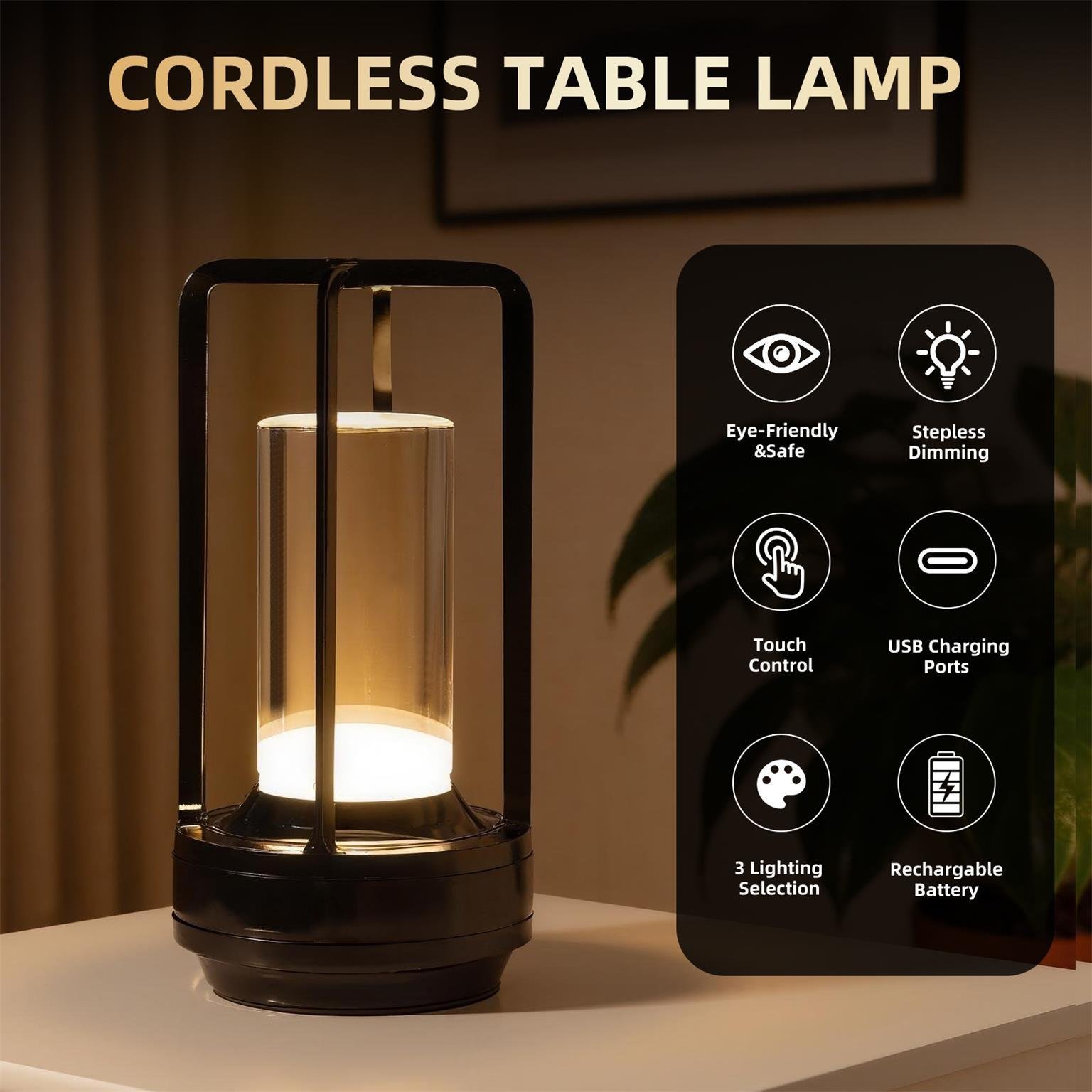2pcs Portable Touch Control Table Lamp With 5000mAh Battery, 3-Color Stepless Dimming Cordless LED Light For Bedroom Camping Restaurant Bar Indoo - Image 5
