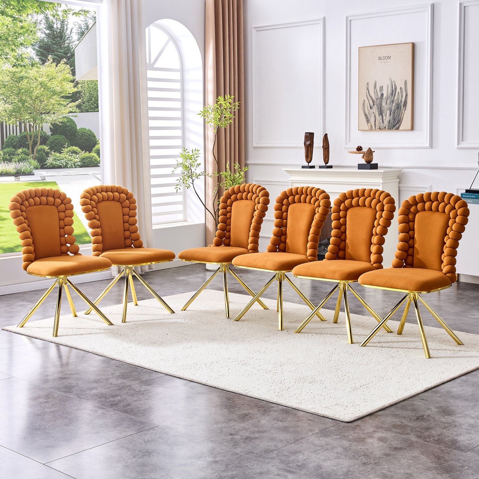 Set Of 2 Orange Puffy Bubble Chair Ball Chain Chair Velvet Dining Chairs With Gold Legs, Modern Upholstered Accent Chairs For Dining Room & Kitchen - Image 2
