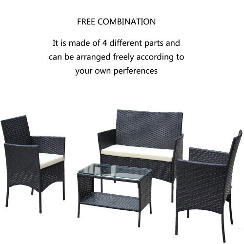 4 PC Rattan Patio Furniture Set Outdoor Patio Cushioned Seat Wicker Sofa Beige Cushion - Image 6