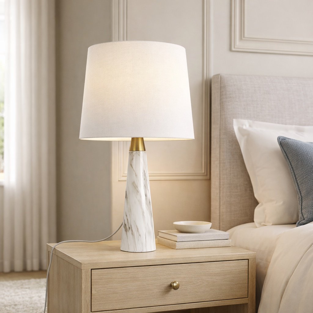 Enclave Hydro White Table Lamp With On Off Switch Faux Marble Base Fabric Shade - Image 5