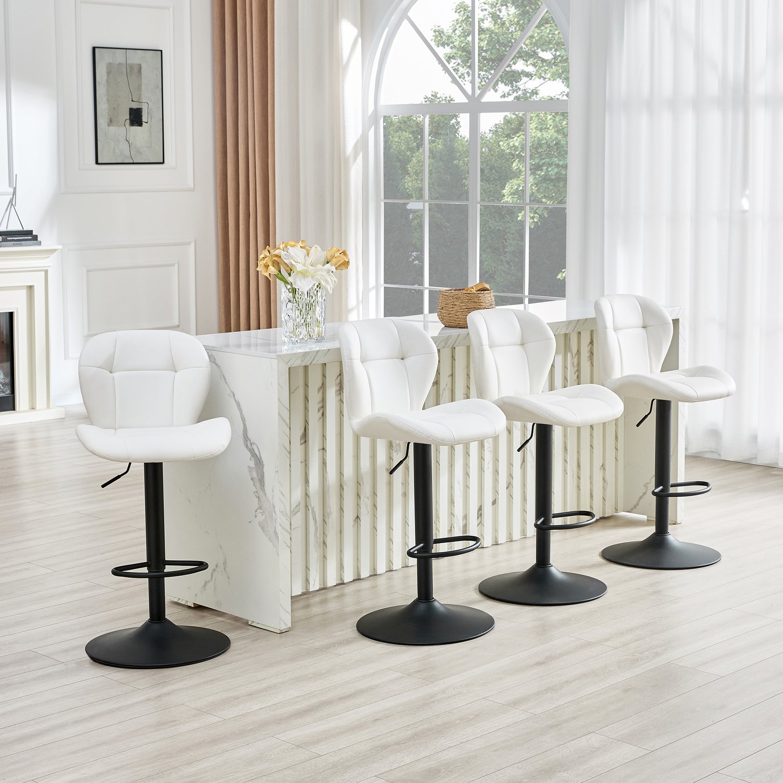 Set Of 2 Height Adjustable Bar Stools, White PU Upholstered Tufted Back Chairs With Black Metal Base & Footrest For Kitchen Island, Bar, Pub - Image 3