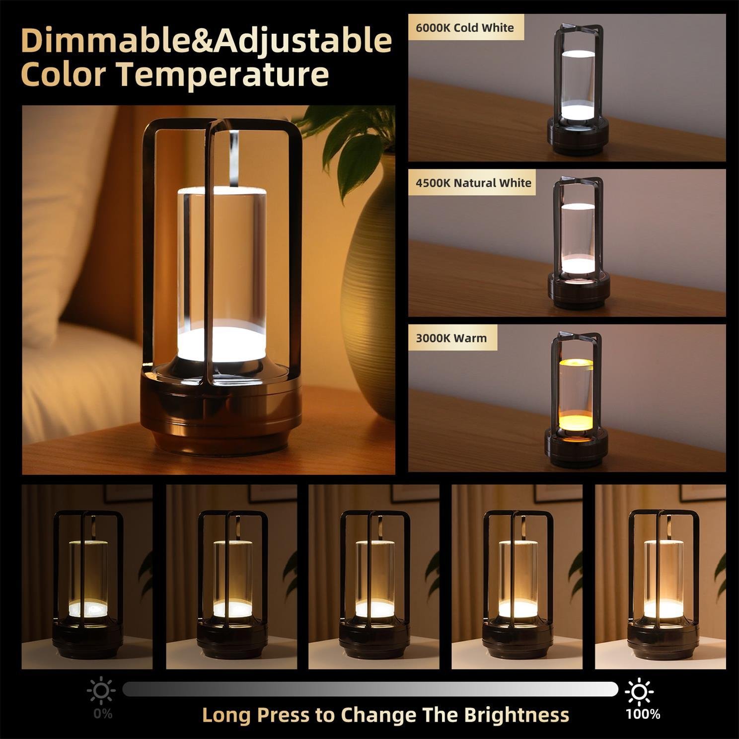2pcs Portable Touch Control Table Lamp With 5000mAh Battery, 3-Color Stepless Dimming Cordless LED Light For Bedroom Camping Restaurant Bar Indoo - Image 7