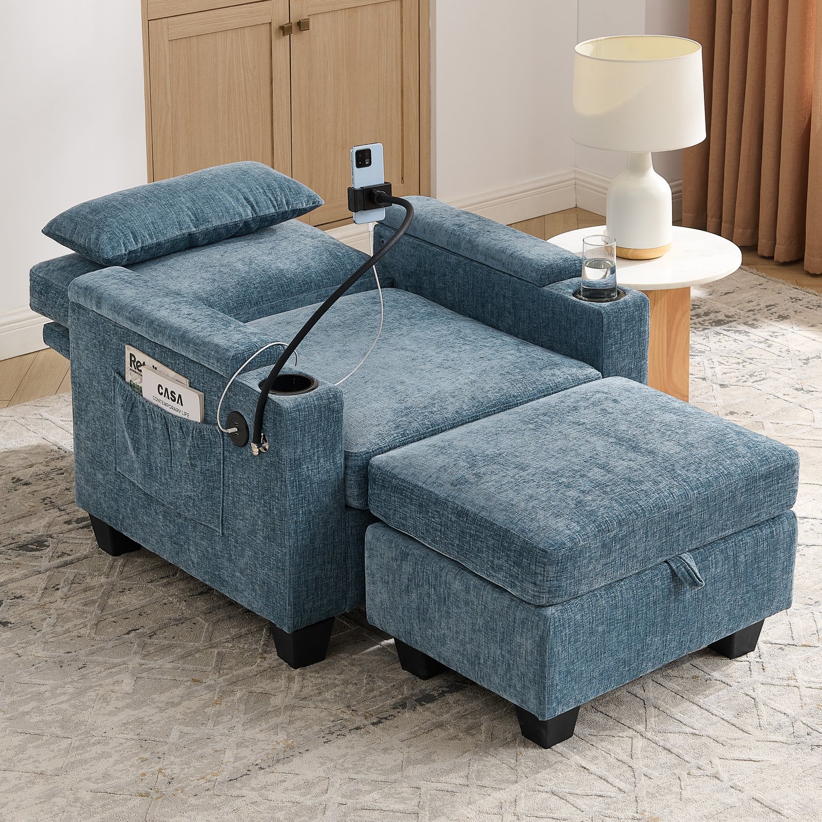 Single Sofa Recliner With Manually Adjustable Backrest, USB Charging Port On The Armrest Side, Phone Stand Included, Hidden Armrest Storage, And A Matching Storage Ottoman-Blue - Image 5
