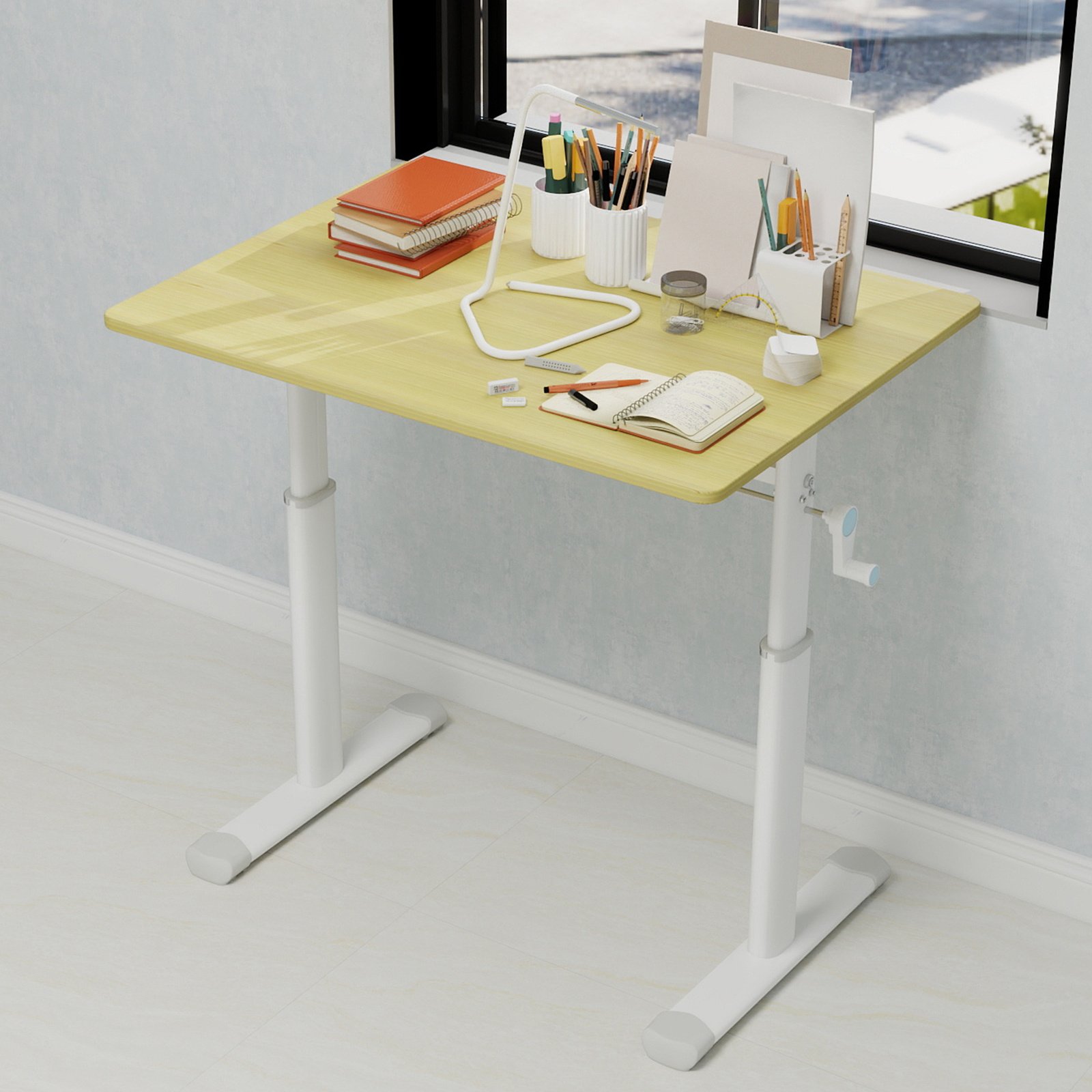 Adjustable Study Desk Suitable For Children And Adults, Height-adjustable, Multifunctional Home Office Desk, Compact Design, Desktop Dimensions 60cm X 80cm, White Frame With Natural Wood-colored Tabl