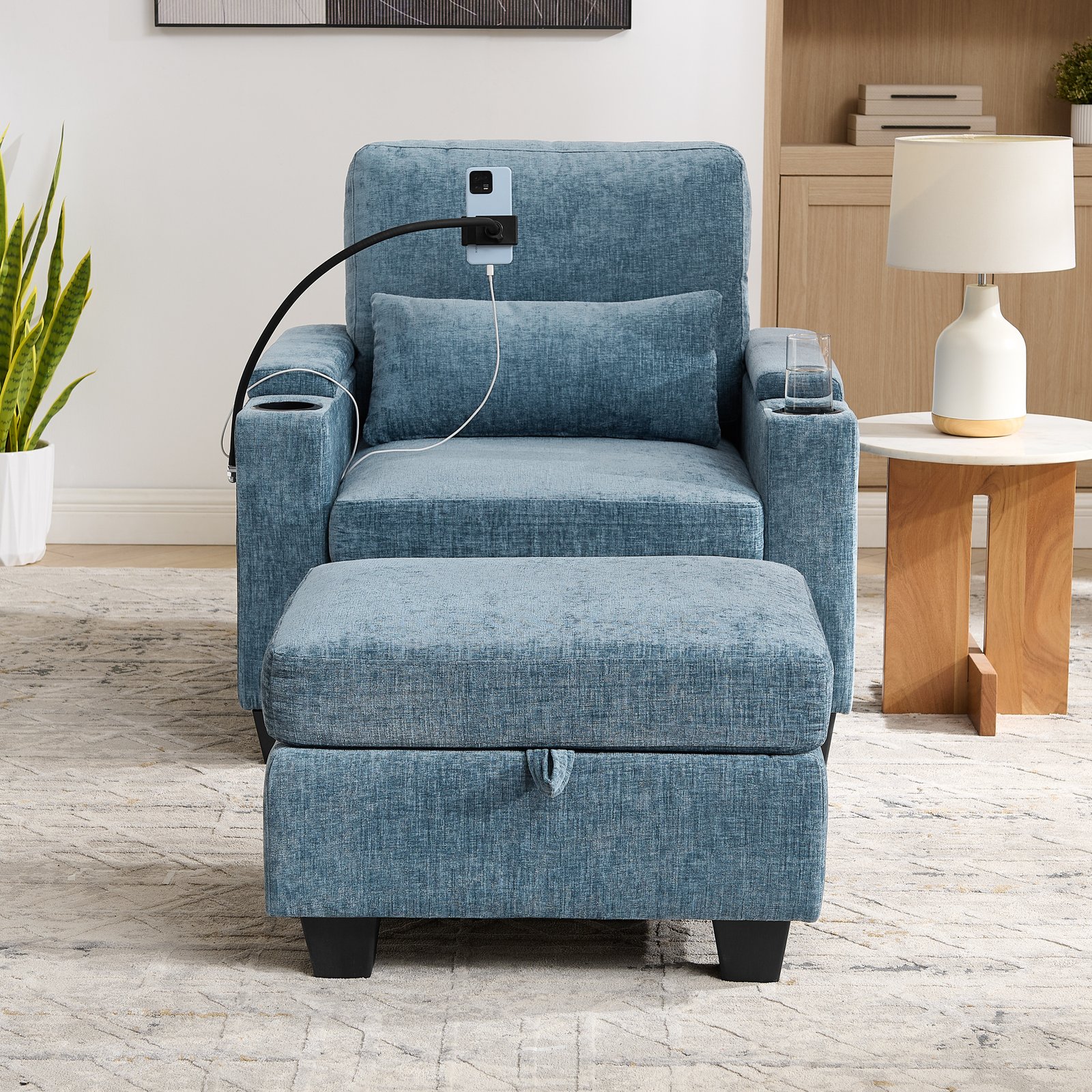 Single Sofa Recliner With Manually Adjustable Backrest, USB Charging Port On The Armrest Side, Phone Stand Included, Hidden Armrest Storage, And A Matching Storage Ottoman-Blue - Image 3