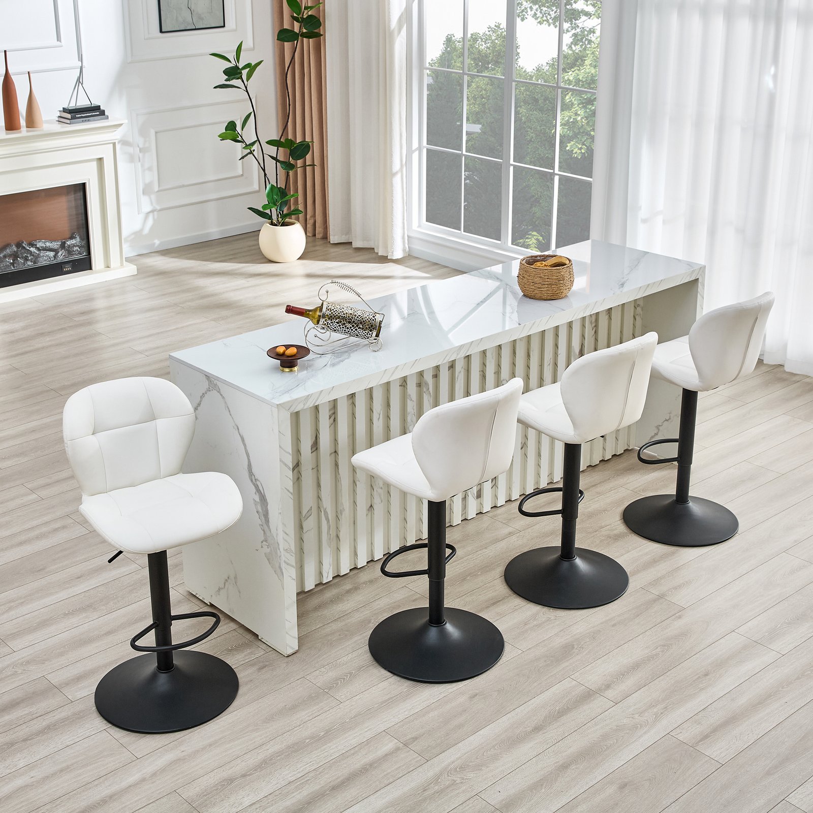 Set Of 2 Height Adjustable Bar Stools, White PU Upholstered Tufted Back Chairs With Black Metal Base & Footrest For Kitchen Island, Bar, Pub - Image 2