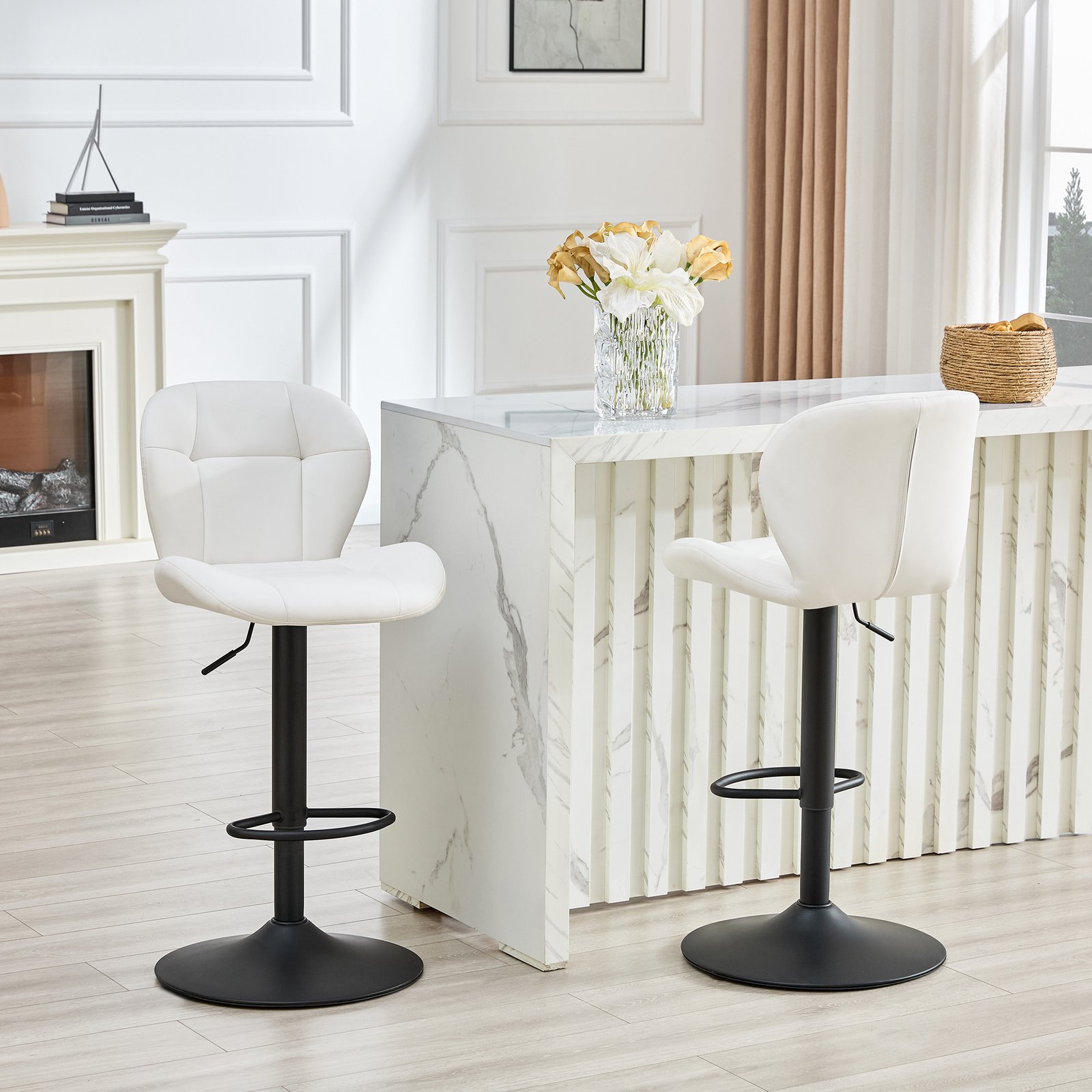 Set Of 2 Height Adjustable Bar Stools, White PU Upholstered Tufted Back Chairs With Black Metal Base & Footrest For Kitchen Island, Bar, Pub - Image 4