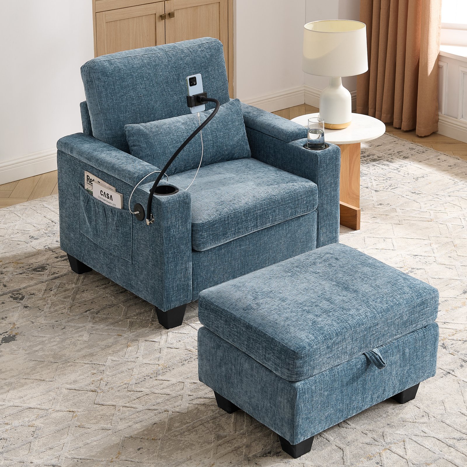 Single Sofa Recliner With Manually Adjustable Backrest, USB Charging Port On The Armrest Side, Phone Stand Included, Hidden Armrest Storage, And A Matching Storage Ottoman-Blue - Image 4