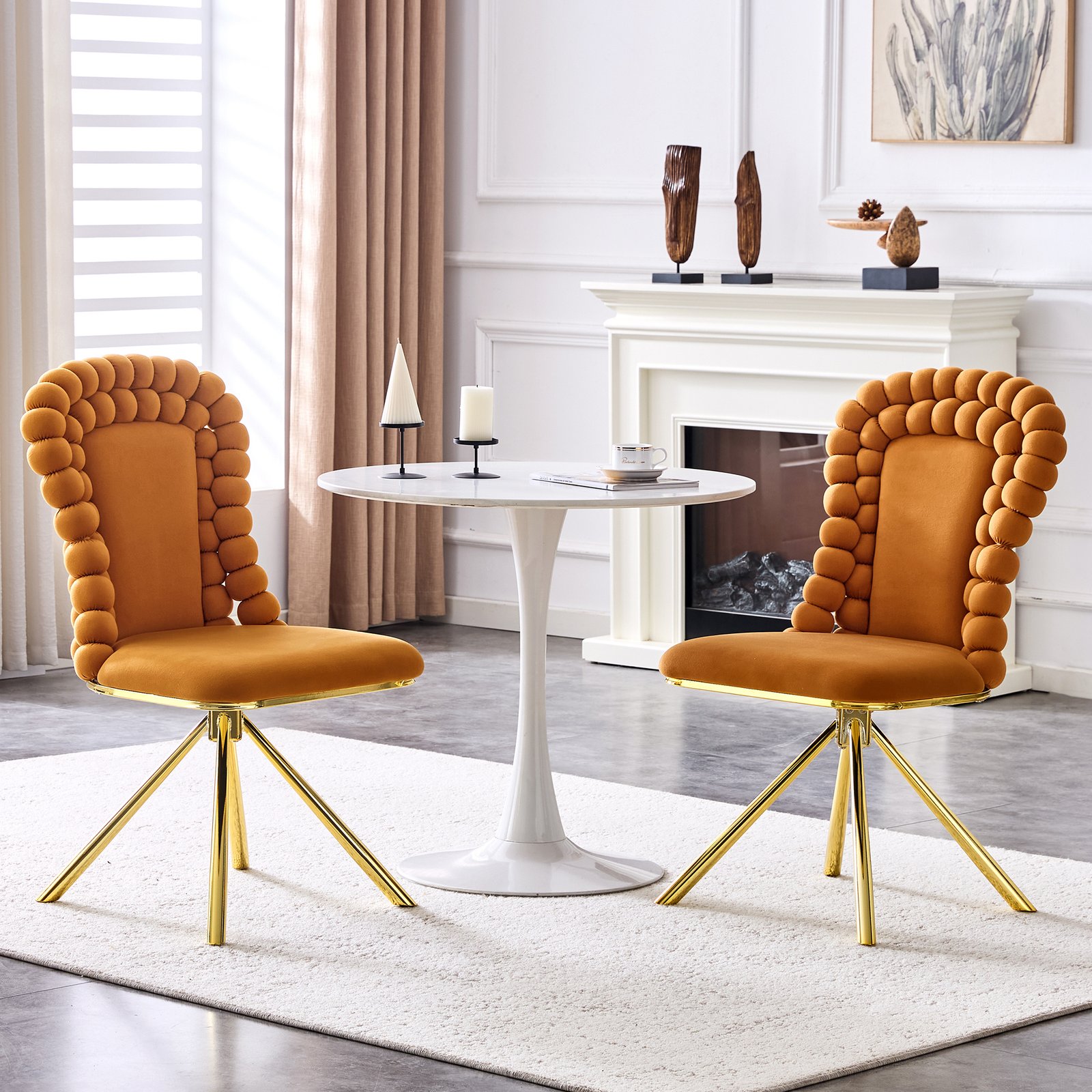 Set Of 2 Orange Puffy Bubble Chair Ball Chain Chair Velvet Dining Chairs With Gold Legs, Modern Upholstered Accent Chairs For Dining Room & Kitchen - Image 5