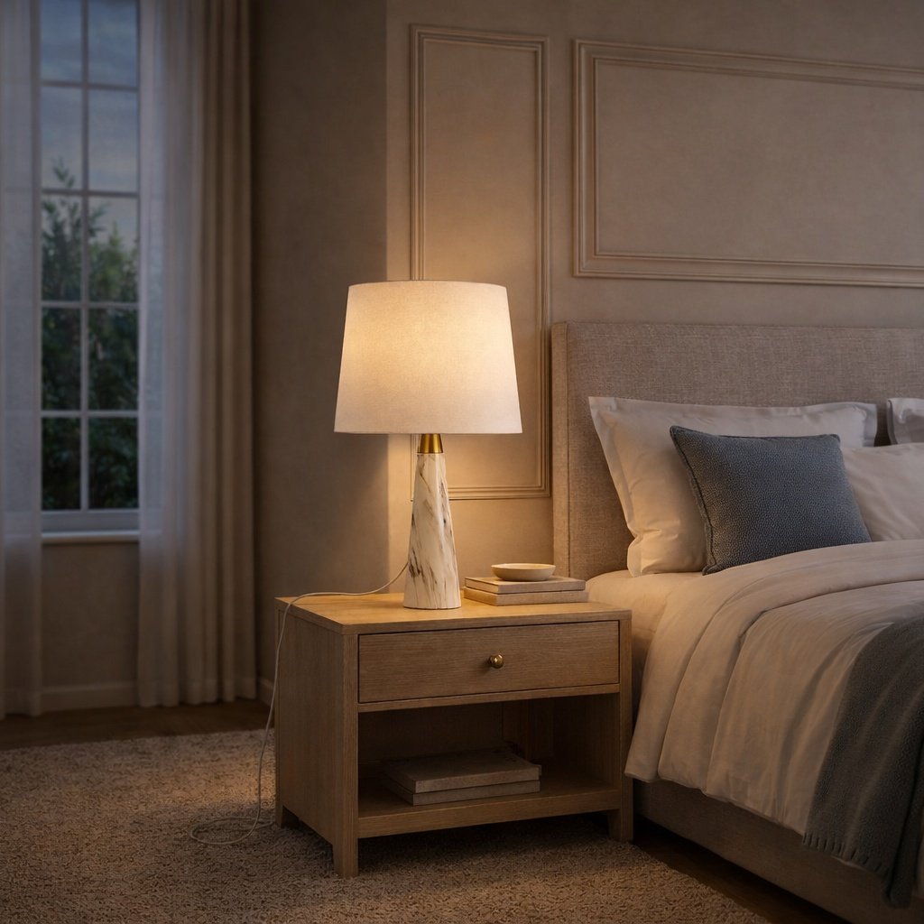 Enclave Hydro White Table Lamp With On Off Switch Faux Marble Base Fabric Shade - Image 4