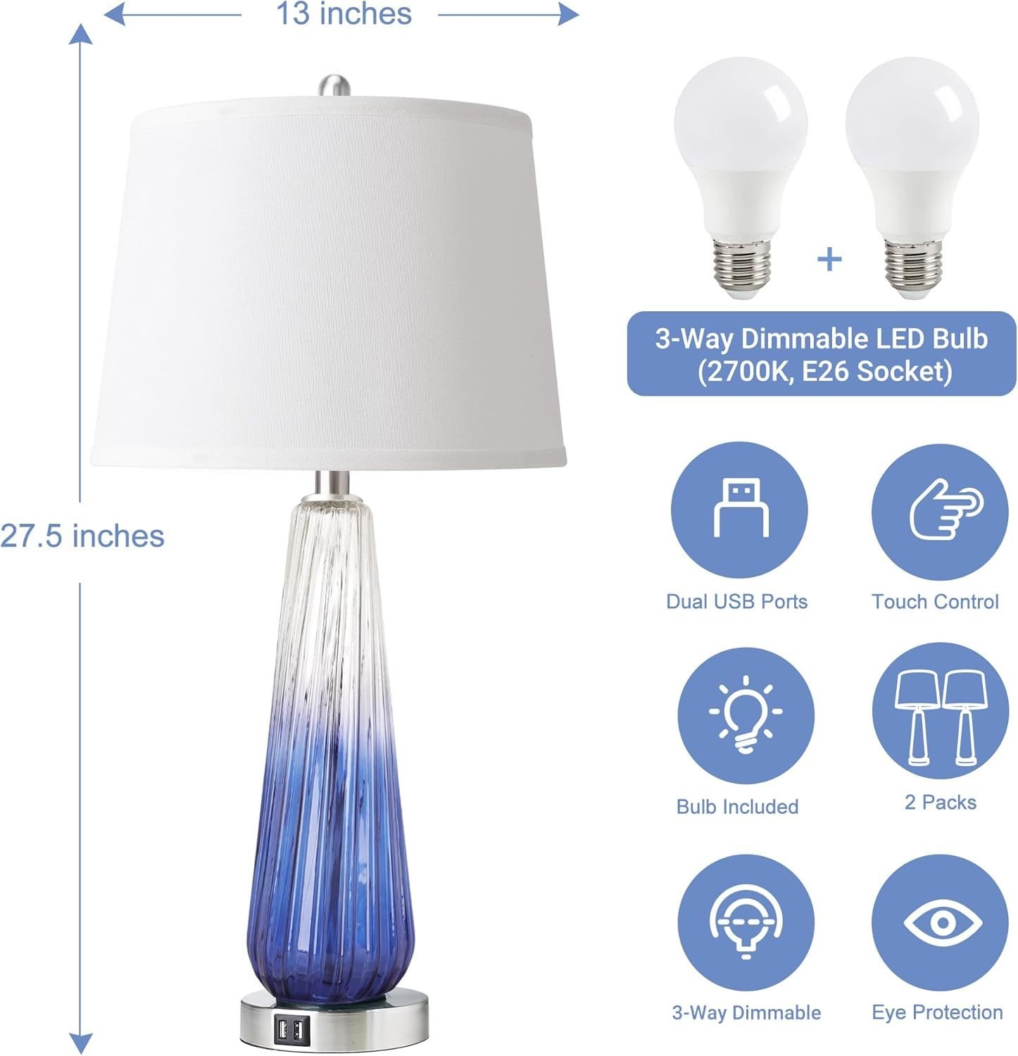 Table Lamps Set Of 2 With Touch Control, 3-Way Dimmable Modern Glass Bedside Lamps With USB A C Ports, Nightstand Lamp With White Fabric Shade, 27.5 Large Lamps For Living Room Bedrooms Decorations - Image 2
