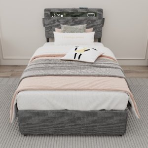 Twin Bed Frame With USB Charging Station & LED Lights, Twin Bed Frame With Headboard & 4 Storage Drawers, D