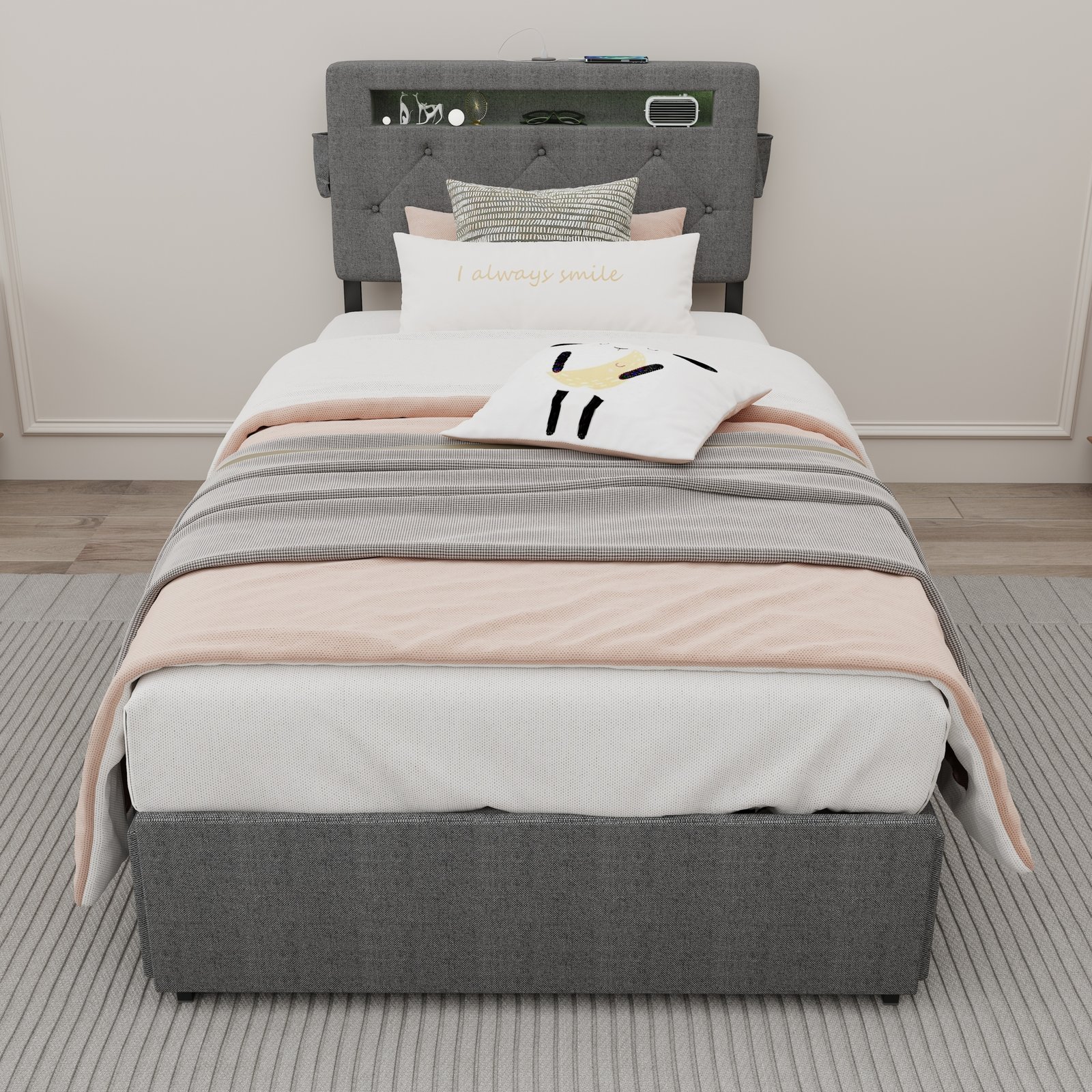 Twin Bed Frame With USB Charging Station & LED Lights, Twin Bed Frame With Headboard & 4 Storage Drawers, D